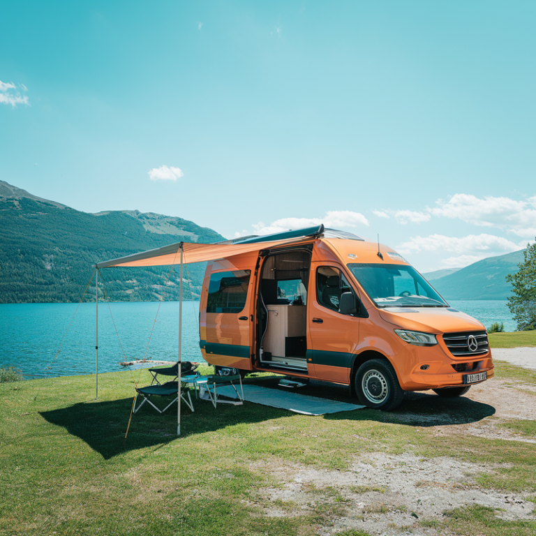 Yellow Mercedes camper van with sun canopy extended over open side door offering shade, parked with beautiful lake int the background