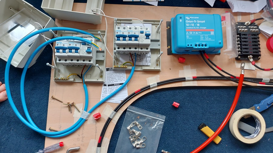 Camper van electrics, DIY electrical circuit board being built for camper van