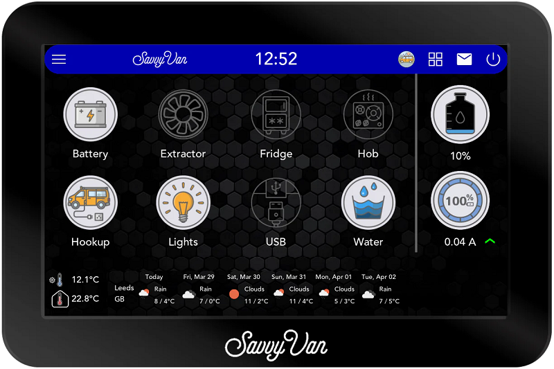 Savvy Van smart van control panel showing icons of different van connection controls, battery, lights, water, fridge