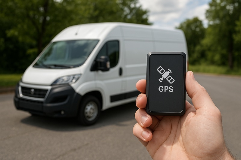 Man with global tracking device in hand in front of white van